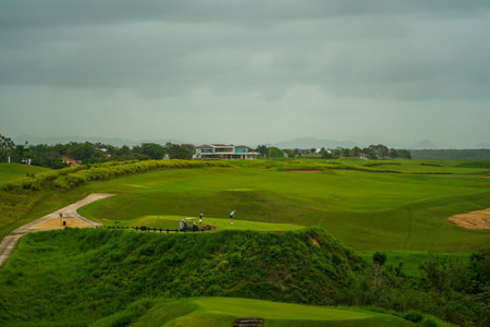 LA ROMANA, DOMINICAN REPUBLIC - JUNE 11, 2021: World famous Dye Fore Golf Course of Casa de Campo. Oceanside golf course with 27 holes, including cliff side holes dropping to the Chavon River belowのeditorial素材