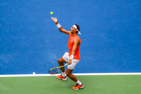 NEW YORK - AUGUST 31, 2018: 17-time Grand Slam champion Rafael Nadal of Spain in action during his 2018 US Open round of 32 match at Billie Jean King National Tennis Centerのeditorial素材