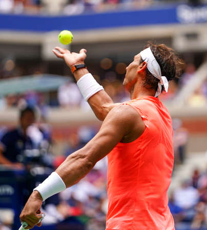 NEW YORK - AUGUST 31, 2018: 17-time Grand Slam champion Rafael Nadal of Spain in action during his 2018 US Open round of 32 match at Billie Jean King National Tennis Centerのeditorial素材