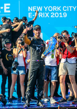 NEW YORK - JULY 14, 2019: Jean-Eric Vergne (FRA) of DS Techeetah Team celebrates historic two-time FIA Formula E World Championship title during 2019 New York City E-Prix at Red Hook in Brooklynのeditorial素材