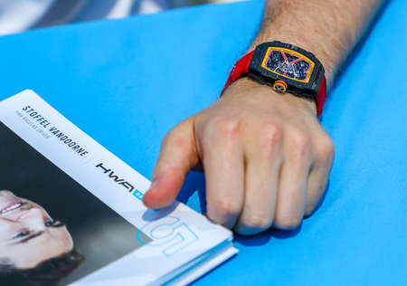 NEW YORK - JULY 14, 2019: FIA Formula E World Championship pilot wears Richard Mille watch during 2019 New York City E-Prix at Red Hook in Brooklynのeditorial素材