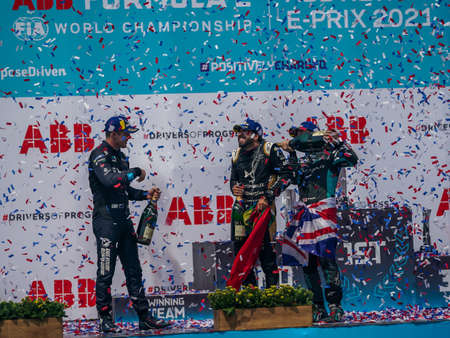 NEW YORK - JULY 11, 2021: Winners Nick Cassidy (NZL), Sam Bird (GBR) and Antonio Felix Da Costa (PRT) seen during trophy presentation after 2021 New York City E-Prix Formula E Race 11 at Red Hookのeditorial素材