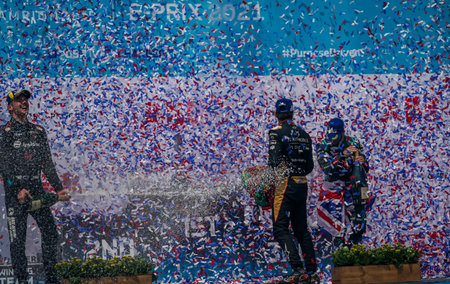 NEW YORK - JULY 11, 2021: Winners Nick Cassidy (NZL), Sam Bird (GBR) and Antonio Felix Da Costa (PRT) seen during trophy presentation after 2021 New York City E-Prix Formula E Race 11 at Red Hookのeditorial素材