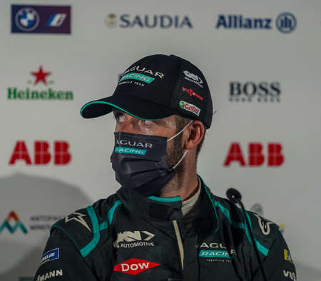 NEW YORK - JULY 11, 2021: 2021 New York City E-Prix Formula E Race 11 winner Sam Bird (GBR) of Jaguar Racing during press conference after trophy presentation at Red Hook in Brooklyn, New Yorkのeditorial素材