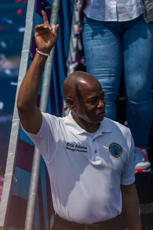 NEW YORK - JULY 11, 2021: Brooklyn Borough President Eric Adams attends trophy presentation to 2021 New York City E-Prix Formula E Race 11 winner Sam Bird (GBR) of Jaguar Racing in Brooklyn, New Yorkのeditorial素材