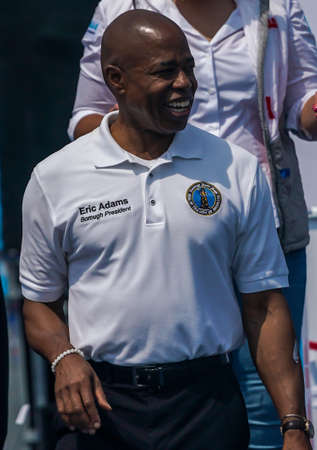 NEW YORK - JULY 11, 2021: Brooklyn Borough President Eric Adams attends trophy presentation to 2021 New York City E-Prix Formula E Race 11 winner Sam Bird (GBR) of Jaguar Racing in Brooklyn, New Yorkのeditorial素材