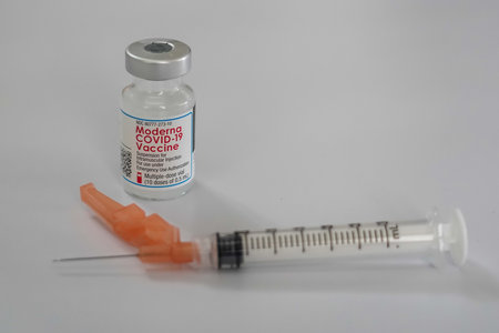 BROOKLYN, NEW YORK - JULY 17, 2021: Moderna COVID - 19 vaccine vial available in local pharmacy in Brooklyn, New Yorkのeditorial素材