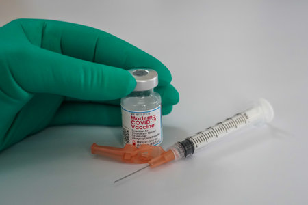BROOKLYN, NEW YORK - JULY 17, 2021: Moderna COVID - 19 vaccine vial available in local pharmacy in Brooklyn, New Yorkのeditorial素材