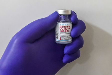 BROOKLYN, NEW YORK - JULY 17, 2021: Moderna COVID - 19 vaccine vial available in local pharmacy in Brooklyn, New Yorkのeditorial素材