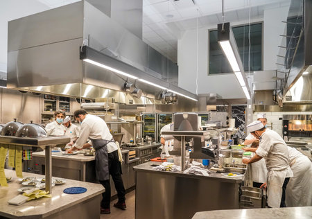 NEW YORK - JULY 29, 2021: In the kitchen of newest Micheline Star Chef Daniel Boulud`s restaurant Le...
