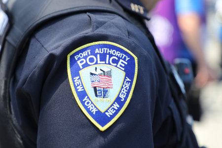 BROOKLYN, NEW YORK - JULY 14, 2019: Port Authority Police Officer provides security during public...