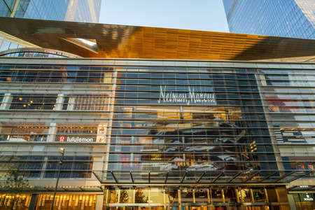 NEW YORK - OCTOBER 24, 2019: Neiman Marcus sign. Neiman Marcus first Manhattan store at the Shops at Hudson Yards shopping mall. In 2020 chain undergoes bankruptcy due to the coronavirus pandemicのeditorial素材