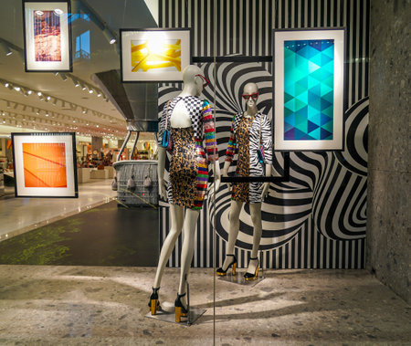 NEW YORK - OCTOBER 24, 2019: Interiors of the Neiman Marcus first Manhattan store at the Shops at Hudson Yards shopping mall. In 2020 chain undergoes bankruptcy due to the coronavirus pandemicのeditorial素材