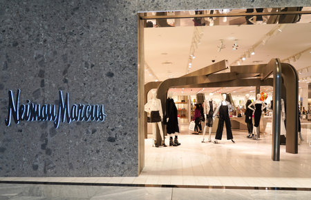NEW YORK - OCTOBER 24, 2019: Neiman Marcus sign. Neiman Marcus first Manhattan store at the Shops at Hudson Yards shopping mall. In 2020 chain undergoes bankruptcy due to the coronavirus pandemicのeditorial素材