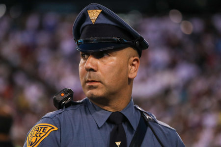 EAST RUTHERFORD, NJ - JULY 26, 2019: New Jersey State Police officer provides security during match...