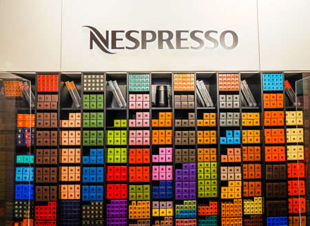 NEW YORK - MAY 2, 2021: Variety of coffee capsules in Nespresso store in New York. Nespresso is an operating unit of the Nestle Group based in Lausanne, Switzerlandのeditorial素材