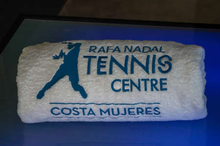 ISLA MUJERES, MEXICO - SEPTEMBER 19, 2021: Souvenir towel at Rafa Nadal Shop at Rafa Nadal Tennis Centre in Costa Mujeres, Mexico, located in the Grand Palladium Costa Mujeres Resortのeditorial素材