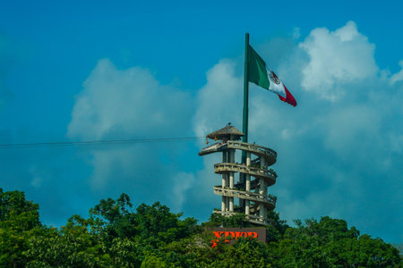 PLAYA DEL CARMEN, MEXICO - JULY 6, 2021: Xplor Theme Park in Playa del Carmen, Mexico. It is a Cancun adventure water park, that gives you the perfect setting for zip lines, stalactite rivers and ATVsのeditorial素材