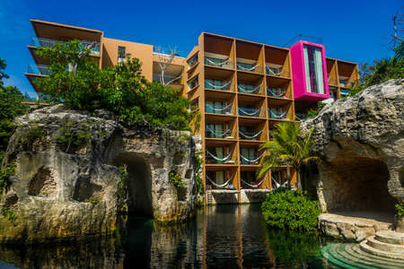 PLAYA DEL CARMEN, MEXICO - JULY 6, 2021: Hotel Xcaret Mexico in Playa del Carmen, Mexico.  it is sophisticated hotel that surpasses the traditional All-Inclusive hotels with All-Fun Inclusive conceptのeditorial素材