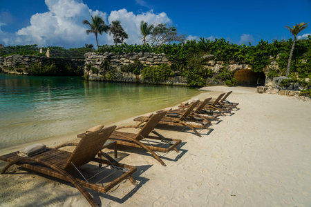 PLAYA DEL CARMEN, MEXICO - JULY 6, 2021: Beach at the Hotel Xcaret Mexico in Playa del Carmen, Mexicoのeditorial素材