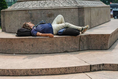 NEW YORK CITY - JULY 20, 2021: Homeless man near Central Park in Midtown Manhattanのeditorial素材