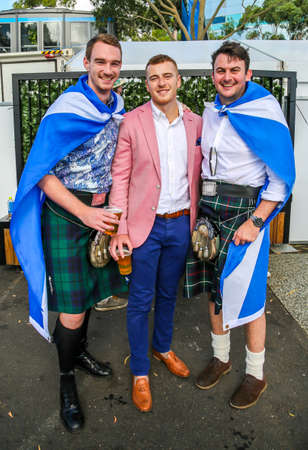 MELBOURNE, AUSTRALIA - JANUARY 23, 2016: Scottish tennis fans with flags before Andy Murray's match at Australian Open 2016 at Australian tennis center in Melbourne Parkのeditorial素材