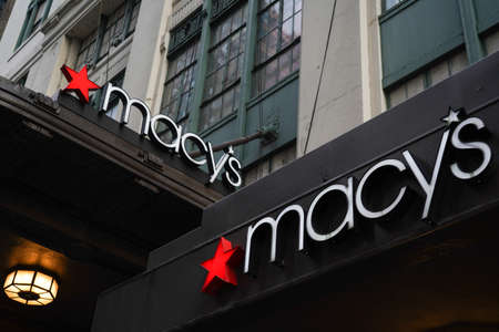 NEW YORK - NOVEMBER 28, 2021: Sign at Macy's Herald Square on Broadway in Manhattan. In 1924 Macy's was declared the "World's Largest Store"のeditorial素材
