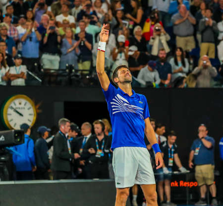 MELBOURNE, AUSTRALIA - JANUARY 27, 2019: Grand Slam champion Novak Djokovic of Serbia celebrates victory after his final match against Rafael Nadal at 2019 Australian Open in Melbourne Parkのeditorial素材