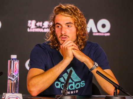 MELBOURNE, AUSTRALIA - JANUARY 24, 2019: Professional tennis player Stefanos Tsitsipas during press...