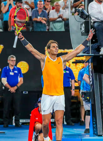 MELBOURNE, AUSTRALIA - JANUARY 24, 2019: Seventeen times Grand Slam champion Rafael Nadal of Spain celebrates victory after his semifinal match at 2019 Australian Open in Melbourne Parkのeditorial素材