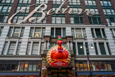 NEW YORK - NOVEMBER 28, 2021: Macy`s Thanksgiving themed decoration at Macy`s flagship store at Herald Square in midtown Manhattan. In 1924 Macy`s was declared the `World`s Largest Store`のeditorial素材