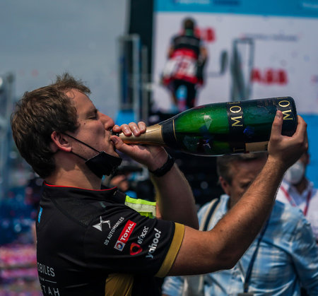 NEW YORK - JULY 11, 2021: Team DS Techeetah member celebrates with Moet Chandon champagne during...
