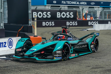 NEW YORK - JULY 11, 2021: Mitch Evans (20) of Jaguar Racing Team driving Formula E car during 2021...