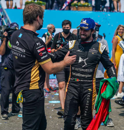 NEW YORK - JULY 11, 2021: Team DS Techeetah and finished third Antonio Felix Da Costa of Portugal celebrate during trophy presentation after 2021 New York City E-Prix Formula E Race 11 at Red Hookのeditorial素材