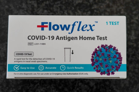 BROOKLYN, NEW YORK - DECEMBER 26, 2021: Flowflex COVID - 19 antigen home test available in local pharmacy in Brooklyn, New Yorkのeditorial素材