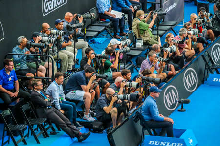 MELBOURNE, AUSTRALIA - JANUARY 27, 2019: Professional sport photographers at Rod Laver Arena during 2019 Australian Open in Melbourne Parkのeditorial素材