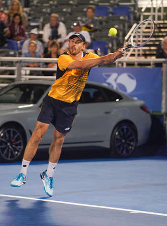DELRAY BEACH, FLORIDA - FEBRUARY 19, 2022: Professional tennis player John Millman of Australia in action during his semi-final match at the 2022 Delray Beach Open tournament in Floridaのeditorial素材