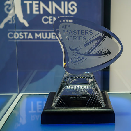 ISLA MUJERES, MEXICO - SEPTEMBER 19, 2021: Master 1000 Monte Carlo 2005  singles trophy on display at the Rafa Nadal Museum, Rafa Nadal Tennis Centre in Costa Mujeres, Mexicoのeditorial素材