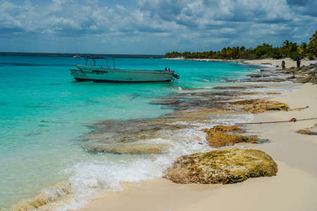 CATALINA ISLAND, DOMINICAN REPUBLIC - JUNE 13, 2021: Local boats at Catalina Island or Isla Catalina. It is a tropical island located 1.5 miles from the mainland of the Dominican Republicのeditorial素材