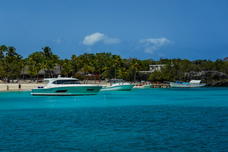 CATALINA ISLAND, DOMINICAN REPUBLIC - JUNE 13, 2021: Luxury yachts at Catalina Island or Isla Catalina. It is a tropical island located 1.5 miles from the mainland of the Dominican Republicのeditorial素材