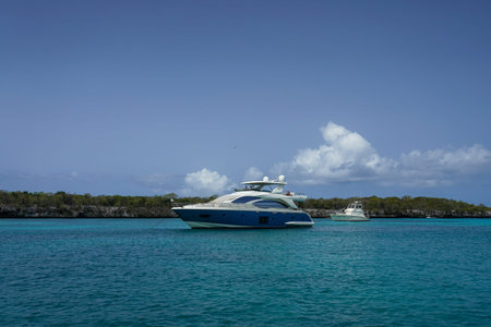 CATALINA ISLAND, DOMINICAN REPUBLIC - JUNE 13, 2021: Luxury yachts at Catalina Island or Isla Catalina. It is a tropical island located 1.5 miles from the mainland of the Dominican Republicのeditorial素材