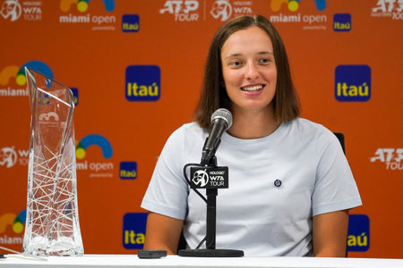 MIAMI GARDENS, FLORIDA - APRIL 2, 2022: Miami Open 2022 Champion Iga Swiatek of Poland during press...