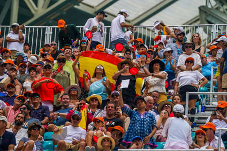 MIAMI GARDENS, FLORIDA - APRIL 3, 2022: Tennis fans support Carlos Alcaraz of Spain during his 2022 Miami Open men's final match against Casper Ruud of Norway at the Hard Rock Stadium in Miami Gardensのeditorial素材