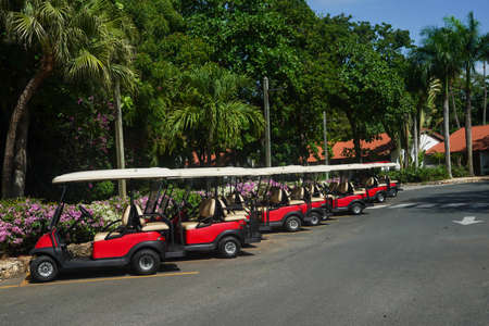 LA ROMANA, DOMINICAN REPUBLIC - JUNE 10, 2021:Golf carts at the  famous Teeth of the Dog Golf Course of Casa de Campo design by Pete Dye.のeditorial素材