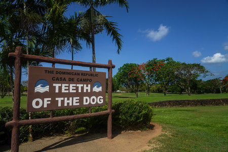 LA ROMANA, DOMINICAN REPUBLIC - JUNE 10, 2021: Famous Teeth of the Dog Golf Course of Casa de Campo design by Pete Dye. Scenic 18-hole golf course, including only in the world seven seaside holesのeditorial素材