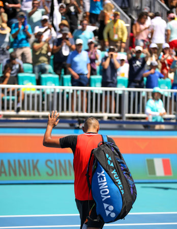 MIAMI GARDENS, FLORIDA - MARCH 26, 2022: Professional tennis player Nick Kyrgios of Australia...