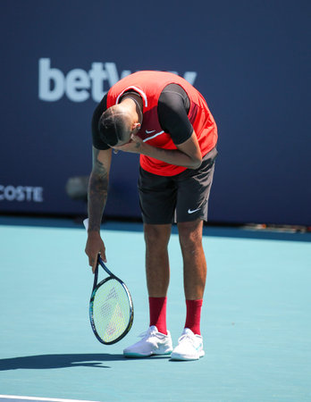 MIAMI GARDENS, FLORIDA - MARCH 26, 2022: Professional tennis player Nick Kyrgios of Australia in...