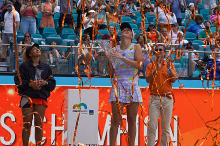 MIAMI GARDENS, FLORIDA - APRIL 2, 2022: Miami Open 2022 champion Iga Swiatek of Poland during trophy presentation her after victory over Naomi Osaka at the Hard Rock Stadium in Miami Gardens, Floridaのeditorial素材