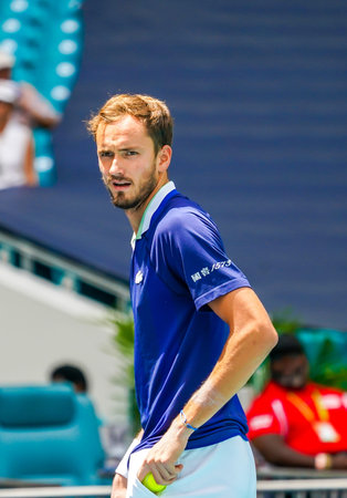 Professional tennis player Daniil Medvedev of Russia in action during Miami Open 2022 quarter-final...