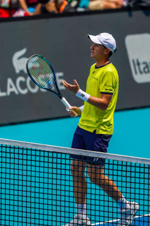 MIAMI GARDENS, FLORIDA - APRIL 3, 2022: Miami Open 2022 finalist Casper Ruud of Norway in action during his men's final match against Carlos Alcaraz at the Hard Rock Stadium in Miami Gardens, Floridaのeditorial素材